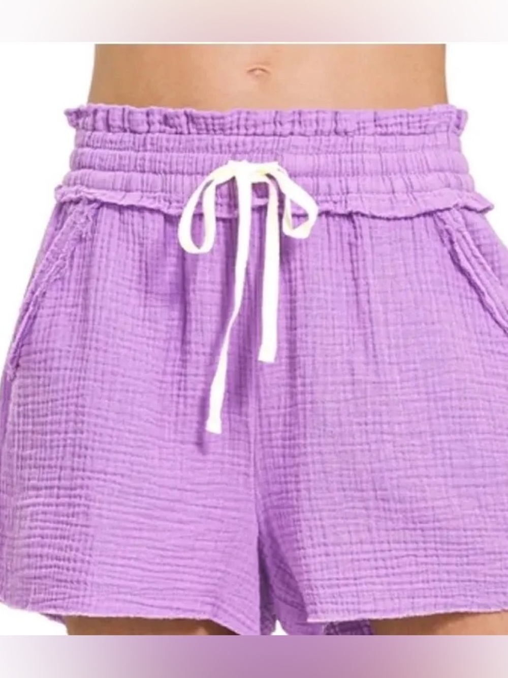 Zenana Outfitters Lilac Drawstring Cotton Gauze Shorts